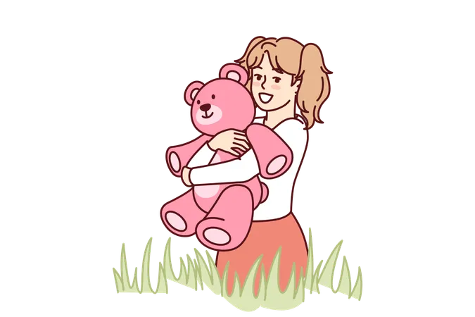 Happy Little Girl With Teddy Bear In Hands Stands In Meadow Among Tall Grass And Looks At Screen Child With Smile Hugs Beloved Toy Bear Presented For Birthday During Summer Walk Illustration