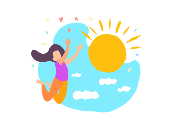 Happy Girl Jump with Sun Shine Blue Sky with Cloud  Illustration