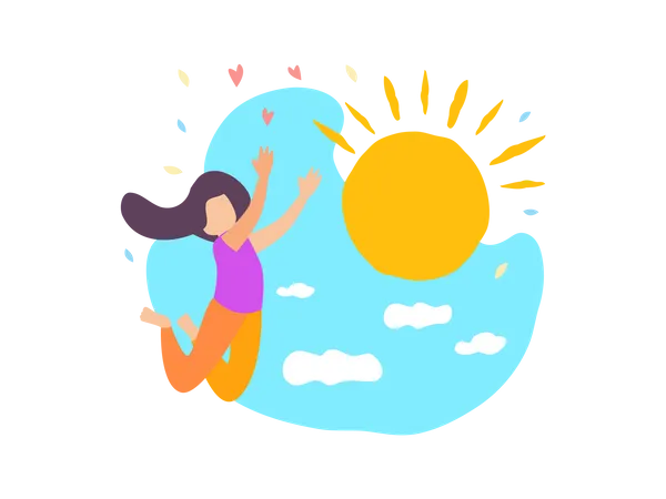 Happy Girl Jump with Sun Shine Blue Sky with Cloud  Illustration