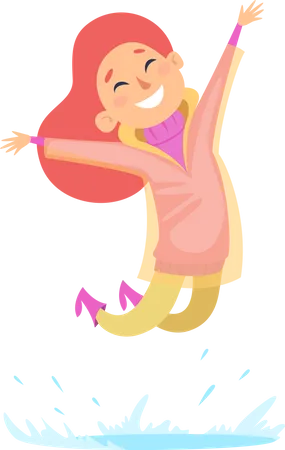 Happy girl jumping in rain  Illustration