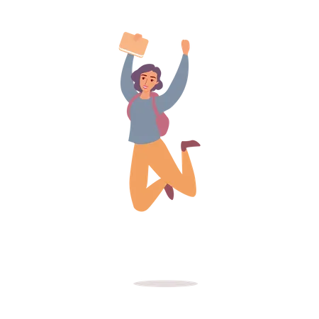 Happy girl jumping with bag Illustration