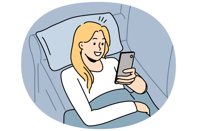 Happy girl lying on couch using mobile messaging  Illustration