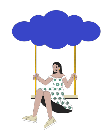 Happy girl on swing hanging from cloud  Illustration