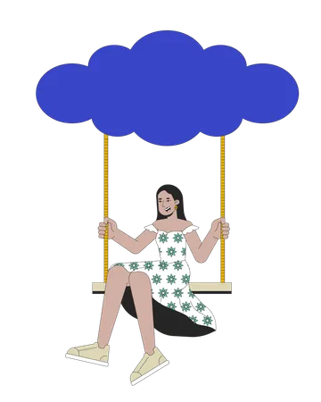 Happy girl on swing hanging from cloud  Illustration