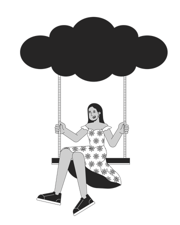 Happy girl on swing hanging from cloud  Illustration