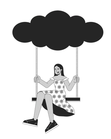 Happy girl on swing hanging from cloud  Illustration