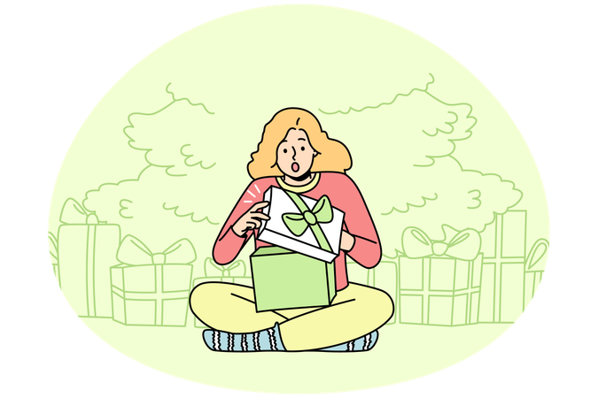 Happy girl opening Christmas presents  Illustration