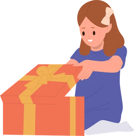 Happy Girl Child Cartoon Character Opening Gift Box Feeling Surprised And Amazed Isolated On White Background Cute Smiling Female Kid Receiving Festive Wrapped Present On Birthday Or Christmas Illustration