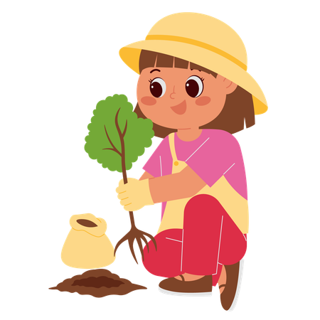 Happy Girl Planting Tree  Illustration
