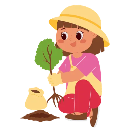 Happy Girl Planting Tree  Illustration