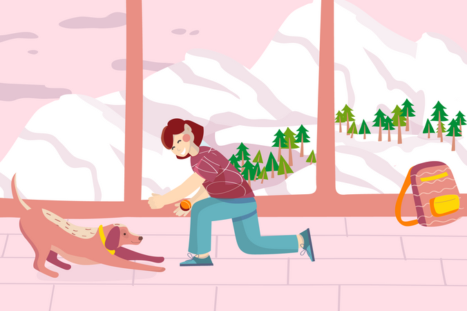 Happy girl playing with dog on at home  Illustration