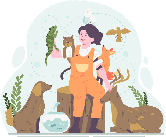 Happy girl playing with several animals  Illustration