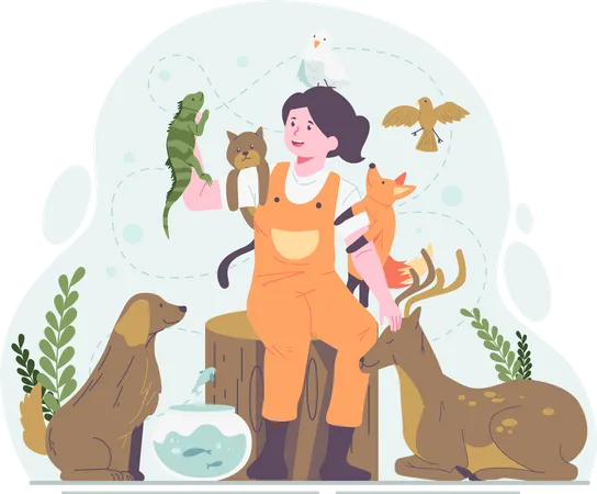 Happy girl playing with several animals  イラスト