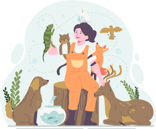 Happy girl playing with several animals  Illustration
