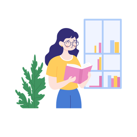 Happy Girl Reading a Book in the Library  Illustration