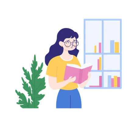 Happy Girl Reading a Book in the Library  Illustration