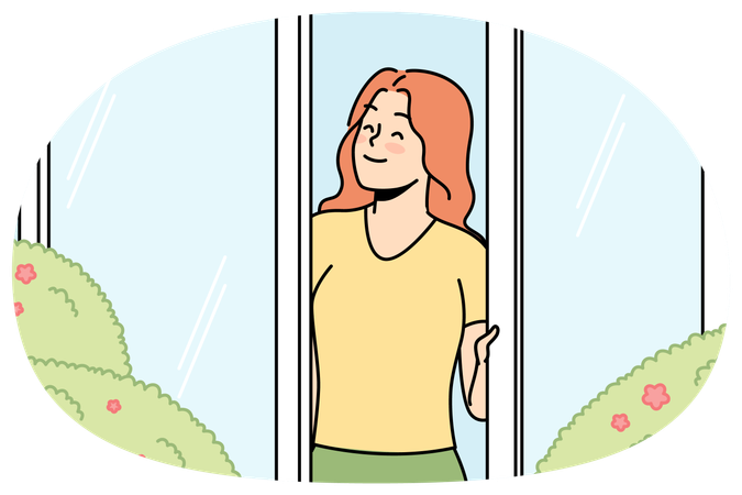 Happy girl rejoices in rays of sun in spring  Illustration