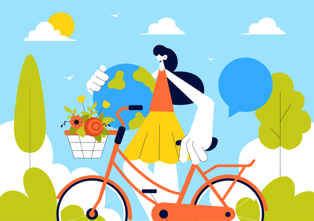 Happy girl riding bicycle on World Bicycle Day  Illustration