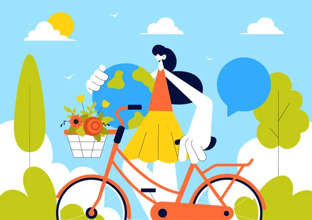 Happy girl riding bicycle on World Bicycle Day  Illustration