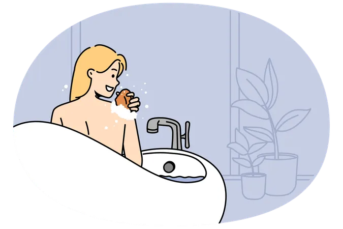 Happy girl rubbing back with sponge enjoy hot bath in bathroom  Illustration