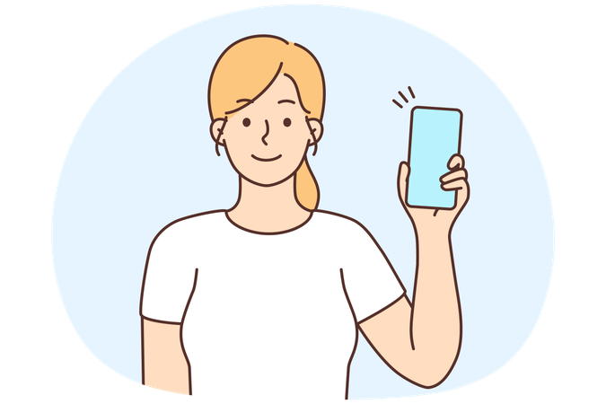 Happy girl show modern cellphone with mockup screen  Illustration