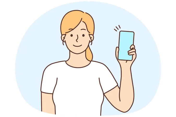 Happy girl show modern cellphone with mockup screen  Illustration