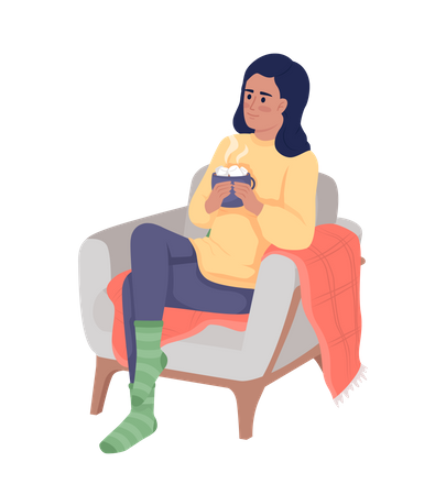 Happy girl sitting in armchair with hot cocoa  イラスト