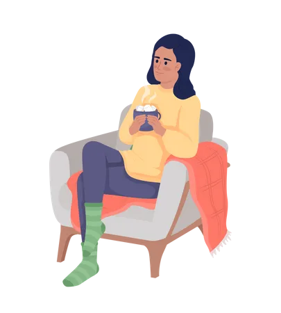 Happy girl sitting in armchair with hot cocoa  Illustration