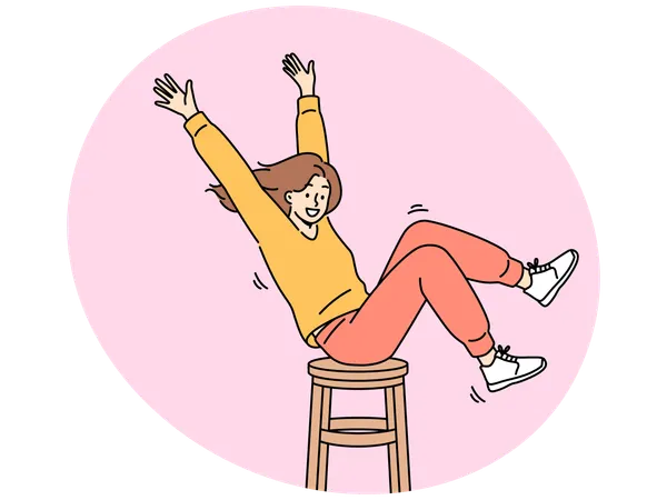 木製の椅子の上で回転しながら手を上げて、他の人と良い気分を共有している幸せな女の子  イラスト
