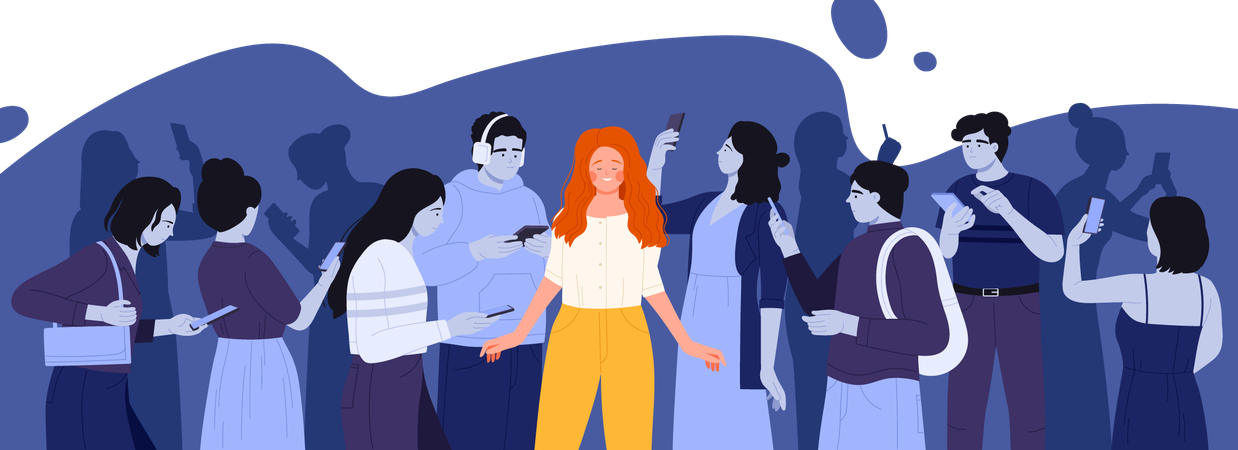 Happy girl standing among crowd of sad people reading news in social media  Illustration