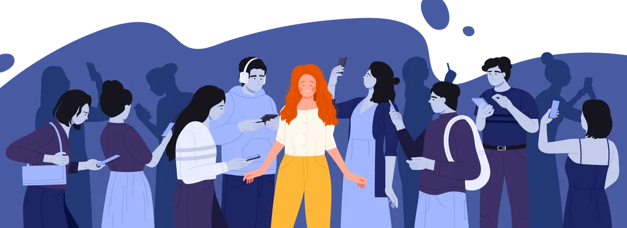 Mobile Phone Addiction Vector Illustration Cartoon Happy Girl Standing Among Crowd Of Sad People Reading News In Social Media Comparison Of Free Woman And Smartphone Slaves Online Vs Offline Illustration