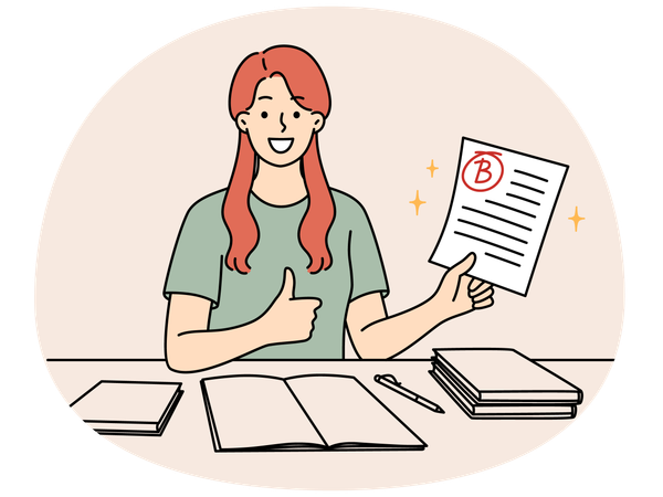 Happy girl student rejoices at average mark for test sits at table with books and pen  Illustration