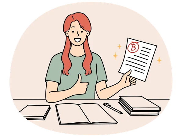 Happy girl student rejoices at average mark for test sits at table with books and pen  Illustration