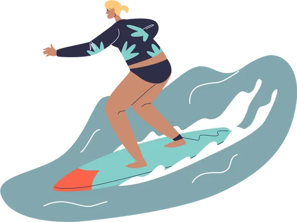 Happy girl surfing in ocean Illustration