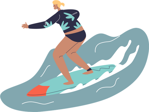 Happy girl surfing in ocean  Illustration