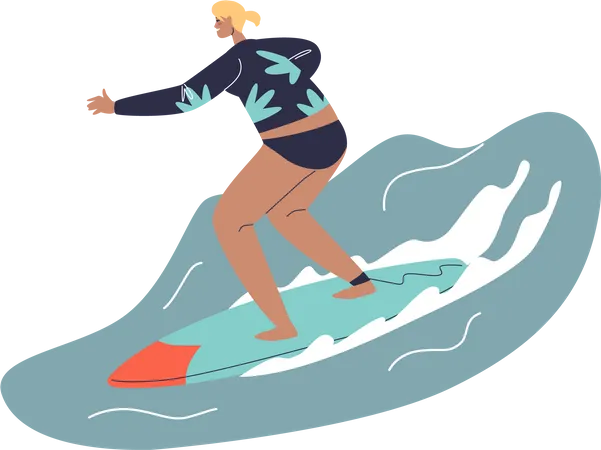 Happy girl surfing in ocean  Illustration