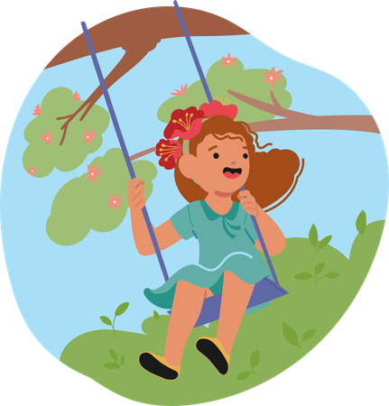 Happy Girl Swinging Outdoors On Sunny Day  Illustration