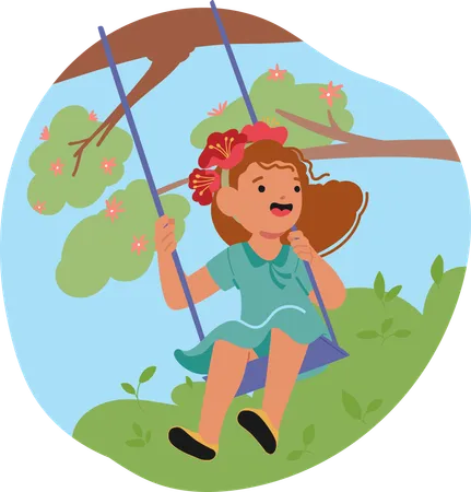 Happy Girl Swinging Outdoors On Sunny Day  Illustration