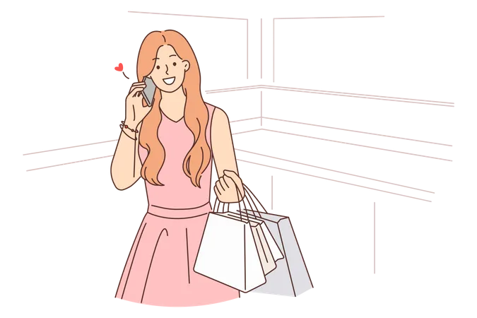 Happy girl talking on mobile and holding shopping bags  Illustration