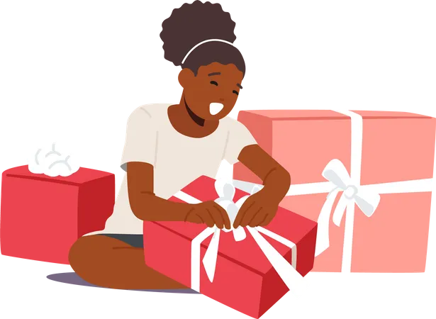 Happy Girl Unpacking Birthday Gift Boxes Illustration