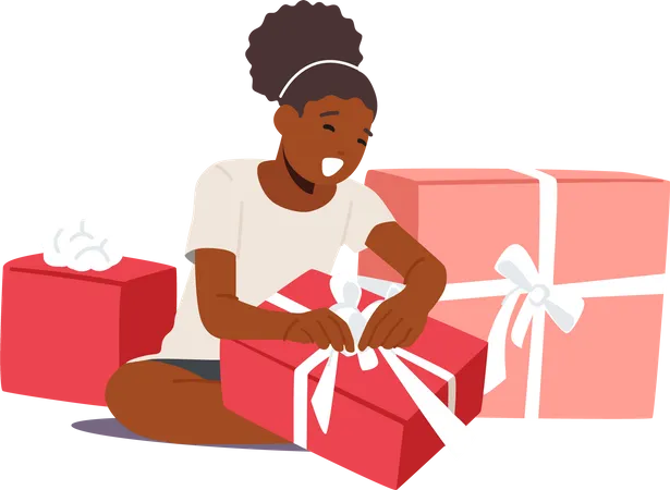 Happy Girl Unpacking Birthday Gift Boxes  Illustration