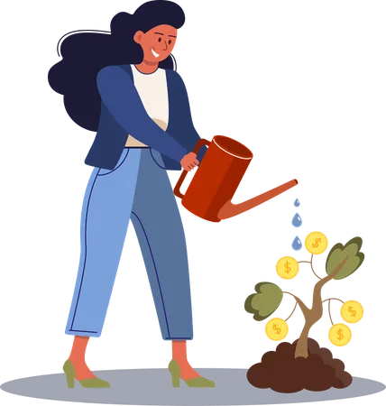 Happy girl watering dollar plant  Illustration