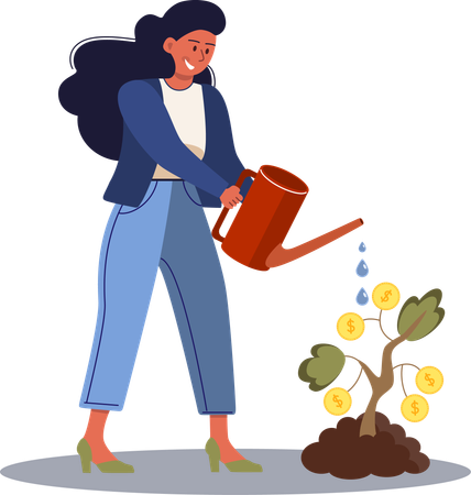 Happy girl watering dollar plant  Illustration