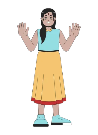 Waving Hands Happy South Asian Girl Ethnic 2 D Linear Cartoon Character Young Teen Isolated Line Vector Person White Background Hindu Festival Of Lights Deepawali Color Flat Spot Illustration Illustration