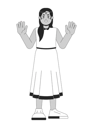 Waving Hands Happy South Asian Girl Ethnic Black And White 2 D Line Cartoon Character Young Teen Isolated Vector Outline Person Hindu Festival Of Lights Deepawali Monochromatic Flat Spot Illustration Illustration