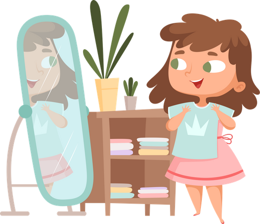 Happy girl wearing dress and looking in mirror Illustration