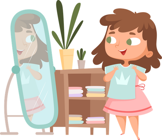 Happy girl wearing dress and looking in mirror  Illustration