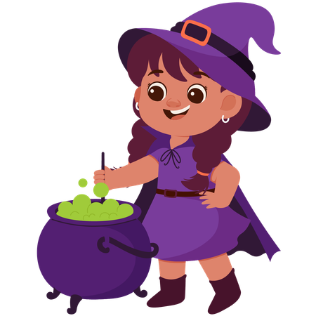 Happy Girl Witch Mixes Witch Potion  Illustration