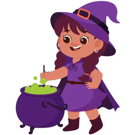 Happy Girl Witch Mixes Witch Potion  Illustration