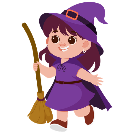 Happy Girl Witch With Witch Broom  Illustration